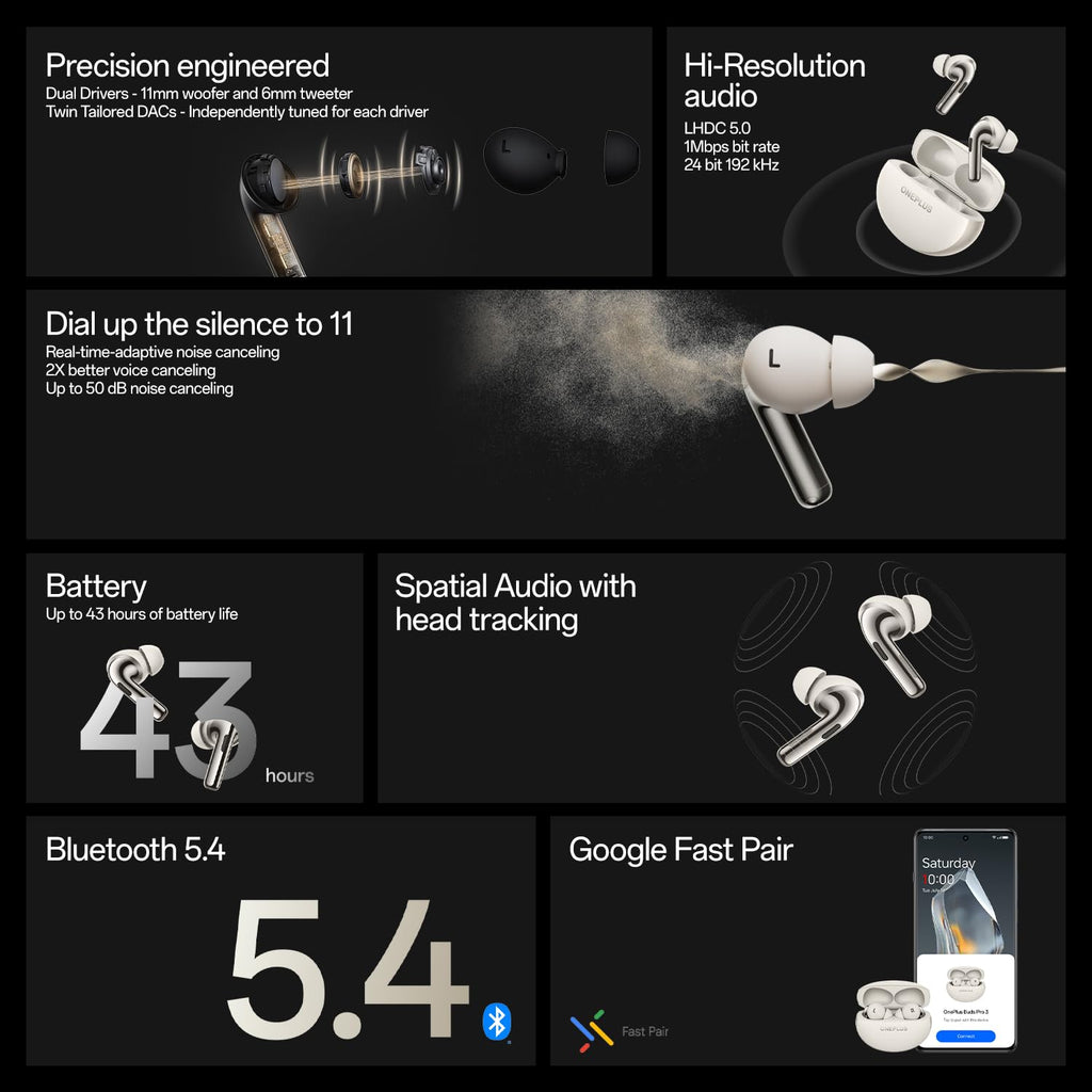 OnePlus Buds Pro 3 Bluetooth TWS in-Ear Buds – Dual Drivers, Dual DACs, Dynaudio EQs, AI-Powered Translator, Up to 50dB Adaptive Noise Cancellation, Up to 43Hrs Battery