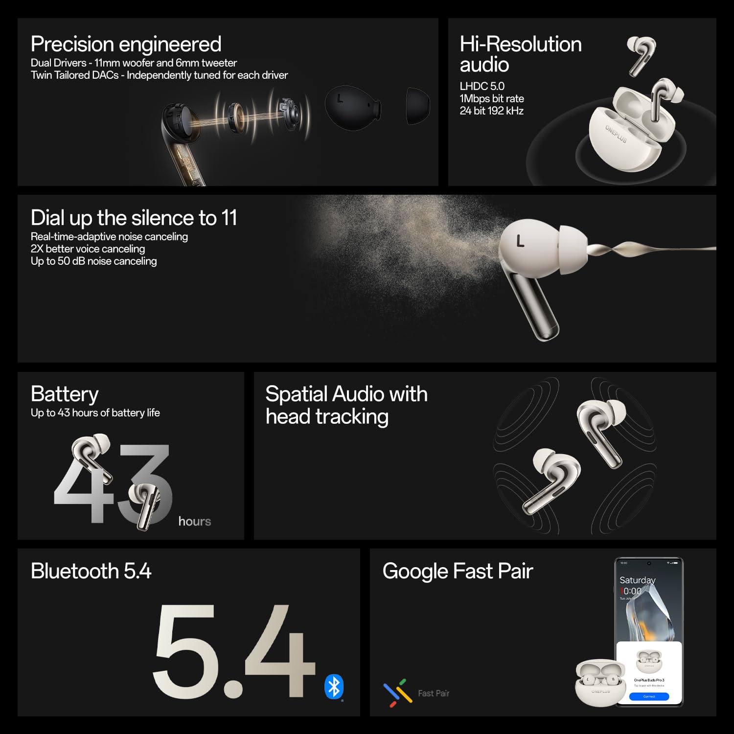 OnePlus Buds Pro 3 Bluetooth TWS in-Ear Buds – Dual Drivers, Dual DACs, Dynaudio EQs, AI-Powered Translator, Up to 50dB Adaptive Noise Cancellation, Up to 43Hrs Battery